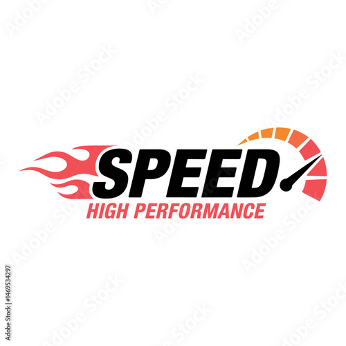 Speed High Performance Logo: A dynamic logo design featuring the word "SPEED" in bold black lettering, accompanied by a stylized flame and a speedometer graphic.