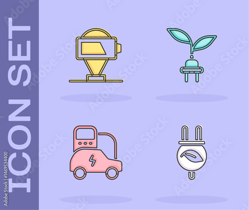 Set Electric saving plug in leaf, Battery charge, car and icon. Vector