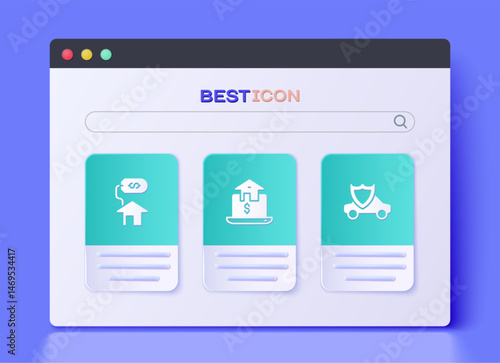 Set Online real estate, House with dollar and Car shield icon. Vector