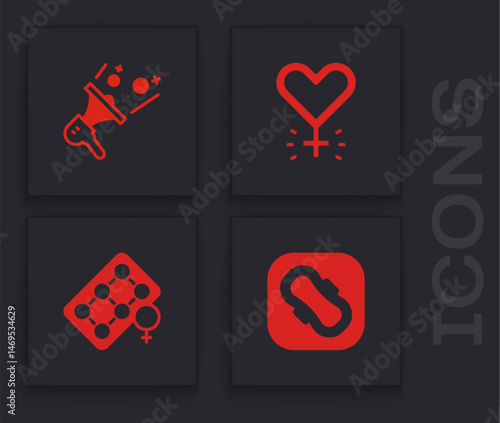 Set Sanitary napkin, Feminist activist, Feminism and Packaging of birth control pills icon. Vector