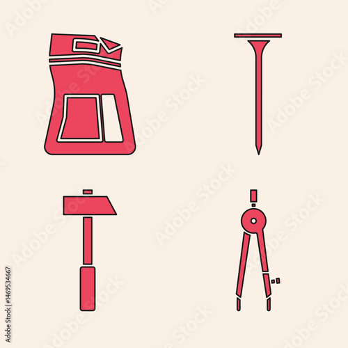 Set Drawing compass, Cement bag, Metallic nail and Hammer icon. Vector