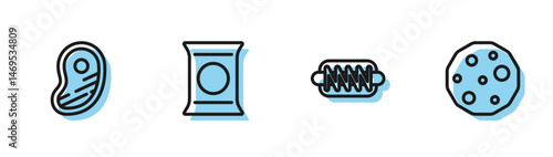 Set line Hotdog sandwich, Steak meat, Bag or packet potato chips and Cookie biscuit icon. Vector