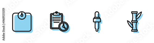 Set line Pipette with oil, Bathroom scales, Sport training program and Bamboo icon. Vector