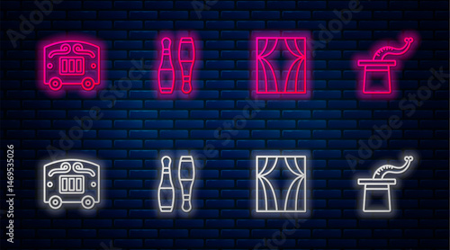 Set line Bowling pin, Circus curtain raises, wagon and Magician hat. Glowing neon icon on brick wall. Vector