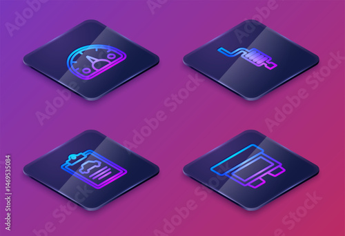Set Isometric line Speedometer, Car inspection, muffler and Fuse. Blue square button. Vector