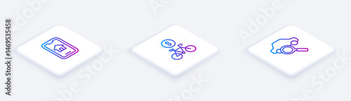 Set Isometric line Online real estate, Bicycle rental mobile app and Car sharing. White square button. Vector