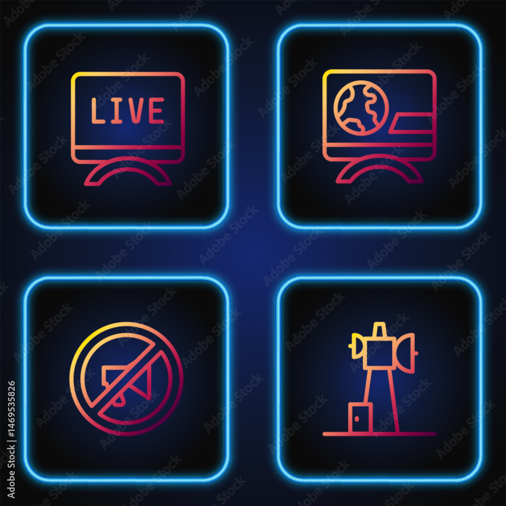 Set line Antenna, Censored stamp, Live report and Breaking news. Gradient color icons. Vector Set line Antenna, Censored stamp, Live report and Breaking news. Gradient color icons. Vector