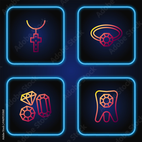 Set line Tooth with diamond, Gem stone, Christian cross chain and Diamond engagement ring. Gradient color icons. Vector