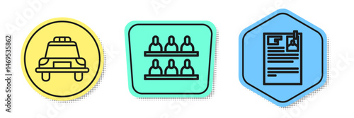 Set line Police car and flasher, Jurors and Lawsuit paper. Colored shapes. Vector