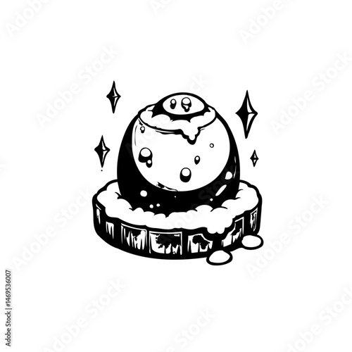 Enigmatic orb perched atop an intricate platform amidst scattered celestial sparks