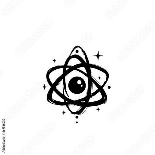 Abstract atomic eye design featuring a central sphere encompassed by orbits