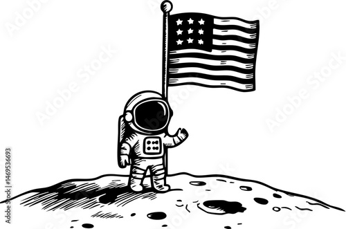 Astronaut planting flag on the moon outer space illustration lunar surface perspective exploration