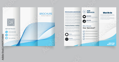 Blue trifold brochure with dynamic lines. Template with Geometric Design. Editable image. Vector