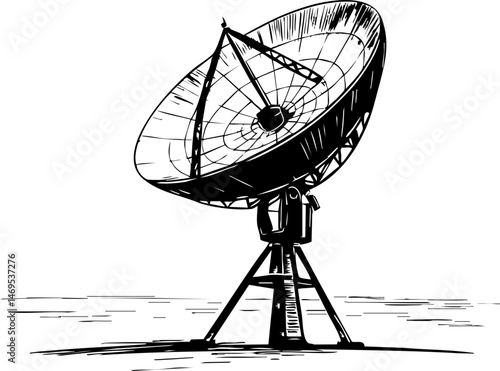 Satellite dish transmission space research facility illustration technological environment side view communication concept