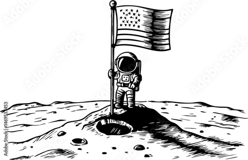 Astronaut planting flag on lunar surface moon illustration outer space front view human achievement