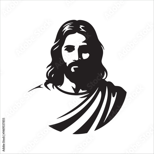 Jesus Christ face silhouette illustration religious artwork isolated on white background.