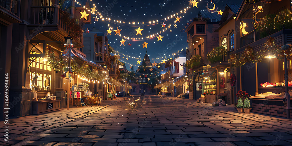 Obraz premium Charming Nighttime Street with Twinkling Stars and Festive Lights