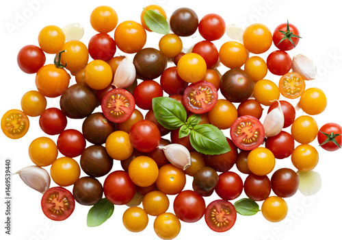 Colorful Cherry Tomatoes and Fresh Basil A Vibrant Food Image isolated on white background
