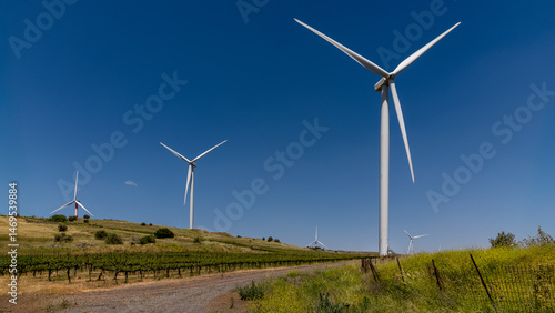 Wind farm with white turbines in a small vineyard in the Golan Heights in northern Israel