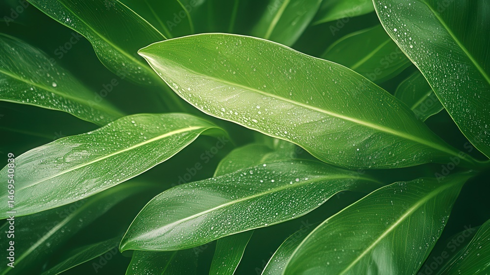 Fototapeta premium Lush Green Leaves with Water Droplets Close Up