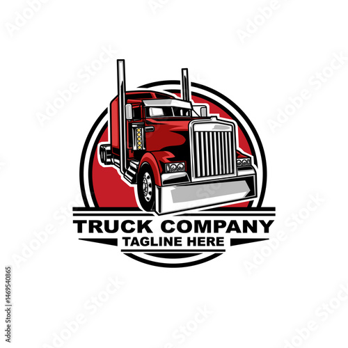Semi trailer truck logo. Red truck company, transport mascot logo vector illustration.