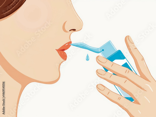 A woman is drinking water from a bottle. The bottle is blue and has a blue cap. The woman is holding the bottle with her right hand