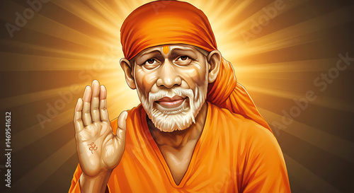 Illustration of Sai Baba blessing devotees with his hand raised in blessing pose and radiant light emanating from behind him