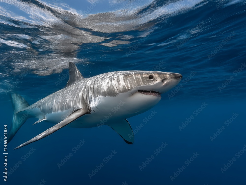 Naklejka premium Powerful great white shark in deep blue ocean