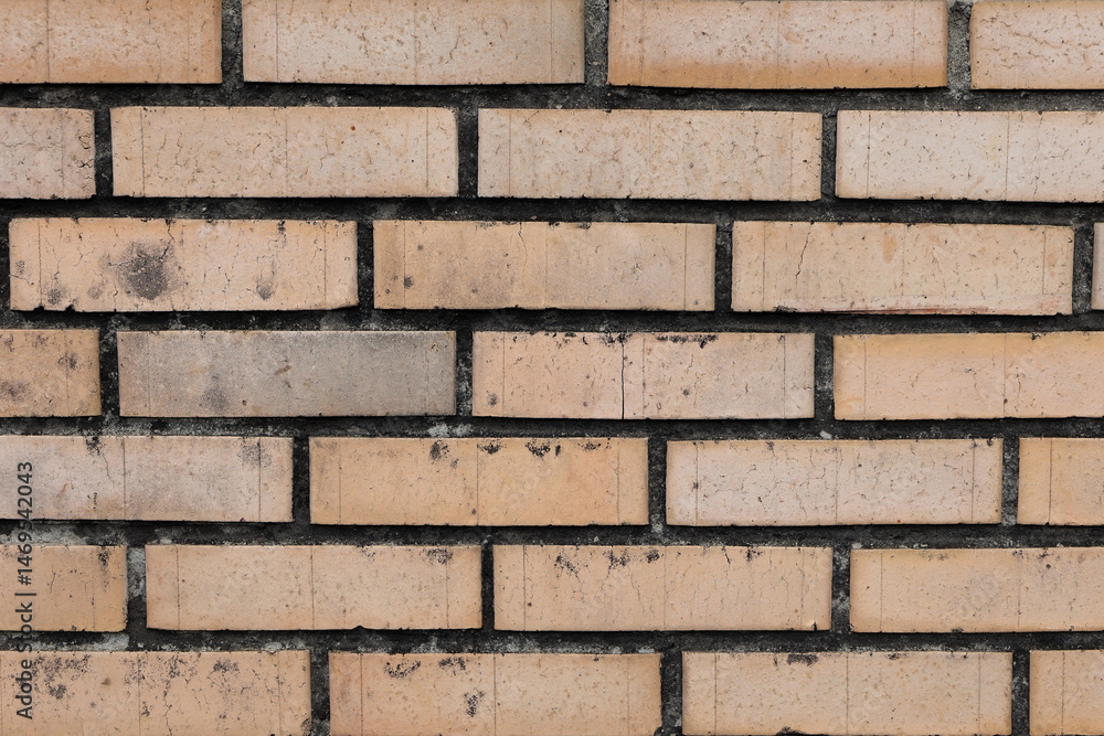 Obraz premium Texture Of A Wall Made Of Light Beige Or Yellowish Bricks With Dark Grey Mortar Joints. Clean And Even Brickwork Pattern. Construction Background.