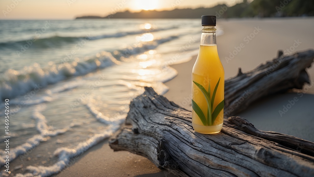 Obraz premium Juice bottle on driftwood at sunset near ocean waves