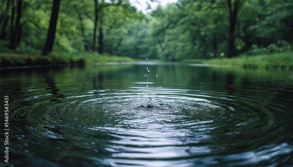 Fototapeta premium Water droplet impact in a tranquil forest scene