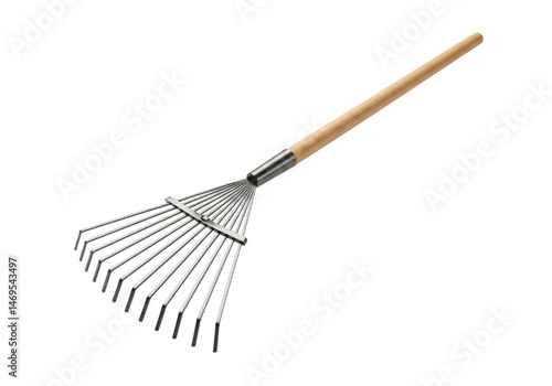 Metal Leaf Rake with Wooden Handle  Gardening Tool Image isolated on white background