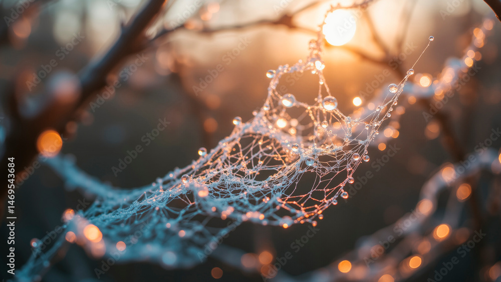 Obraz premium Delicate Perlamutter Web Dripping with Iridescent Dewdrops at Dawn