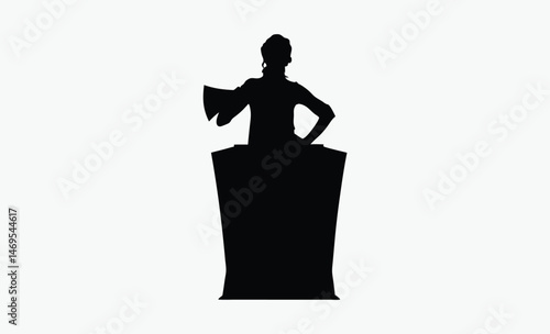 woman speaker silhouette, podium speech figure, confident female presenter, public speaking pose, black white speaker, female mic posture, presentation stance silhouette