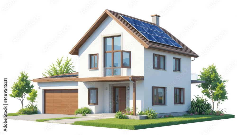 Eco-friendly modern home with solar panels residential area architectural design suburban environment front view sustainability concept Eco-friendly modern home with solar panels residential area architectural design suburban environment front view sustainability concept