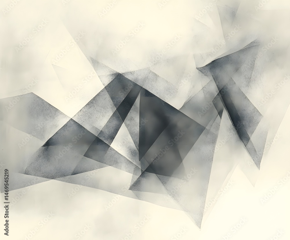 An abstract composition featuring overlapping triangular shapes. The monochrome artwork showcases a minimalist aesthetic, with a subtle gradient effect and clean lines. An abstract composition featuring overlapping triangular shapes. The monochrome artwork showcases a minimalist aesthetic, with a subtle gradient effect and clean lines.