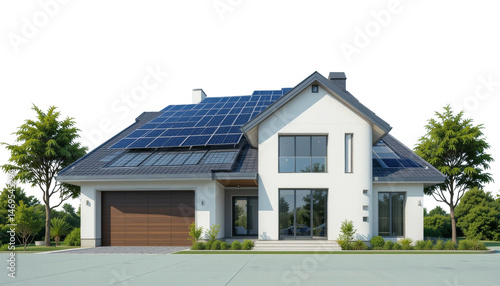 Sustainable energy home with solar panels modern suburban neighborhood architectural design bright day front view eco-friendly living