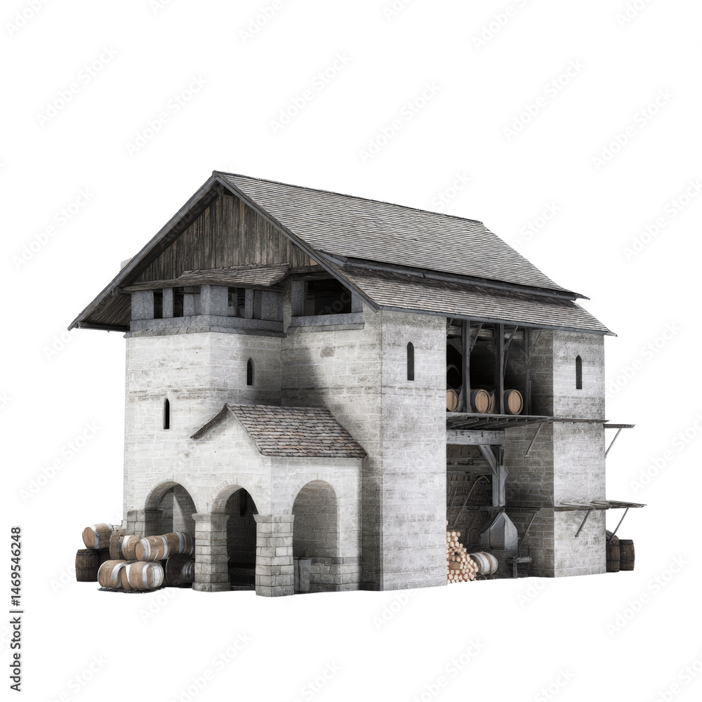 Fototapeta premium Medieval Stone Warehouse with Wooden Barrels and