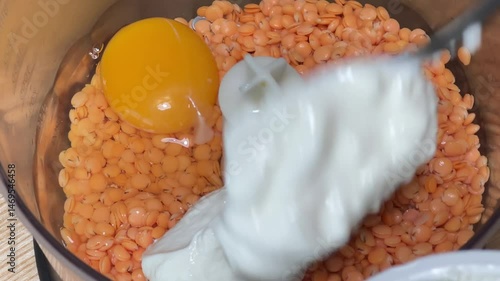 Adding Ingredients to Blender. Lentils, Eggs, Yogurt.Cooking process