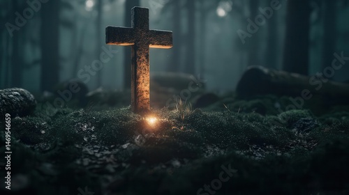 Wooden Christian cross glowing with sacred light in misty forest, symbol of deep faith
