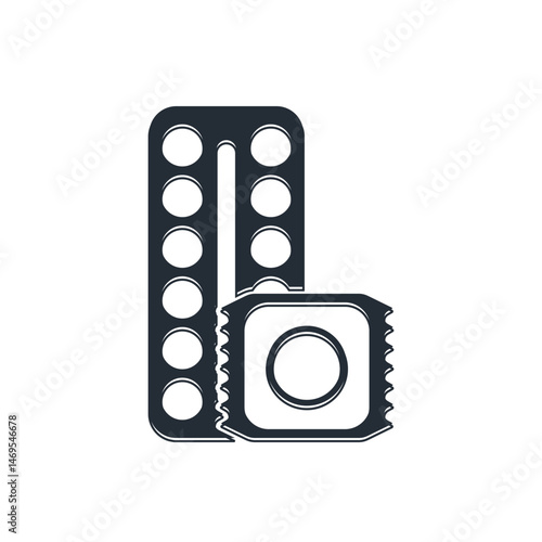 Black Packaging of birth control pills and condom in package safe sex icon isolated on white background. Contraceptive pill. Vector
