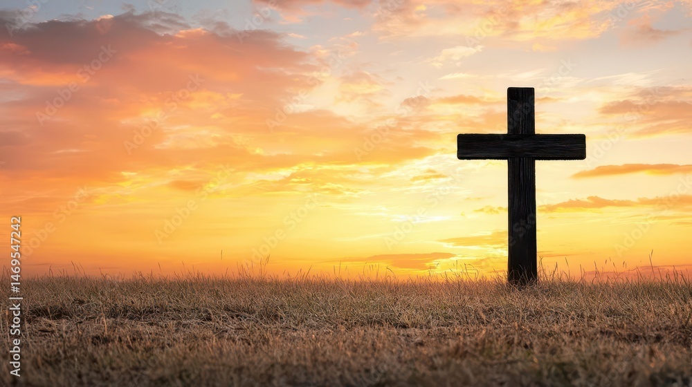 Lonely wooden cross under twilight sky, spiritual symbol of hope and sacred belief Lonely wooden cross under twilight sky, spiritual symbol of hope and sacred belief