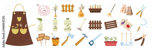 Simple gardening tools, plants, fences, and accessories for home gardens