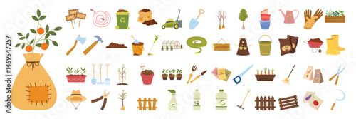 Simple gardening tools, plants, fences, and accessories for home gardens