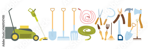 Colorful gardening elements including tools, plants, fences, and decorations