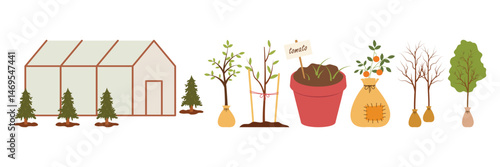 Colorful gardening elements including tools, plants, fences, and decorations