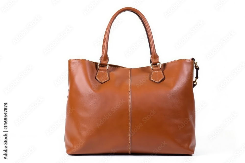 Brown leather tote bag, isolated on white background, retro, leather bag Brown leather tote bag, isolated on white background, retro, leather bag