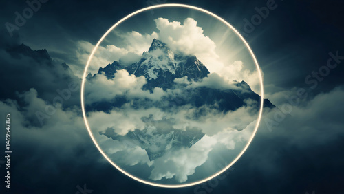 A surreal landscape showcasing jagged mountains partially enveloped in mist, reflected in a calm body of water below. The scene is enclosed within a circular shape, enhancing its dreamlike quality