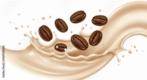 Several shiny brown beans suspended in the air above a spray of milk and coffee on a transparent white background, for vector illustration