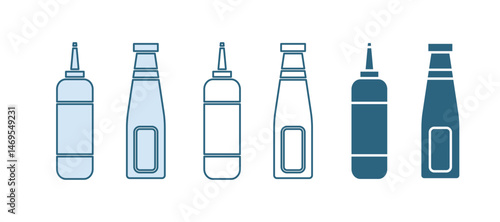 Blue Sauce bottle icon isolated on white background. Ketchup, mustard and mayonnaise bottles with sauce for fast food. Vector